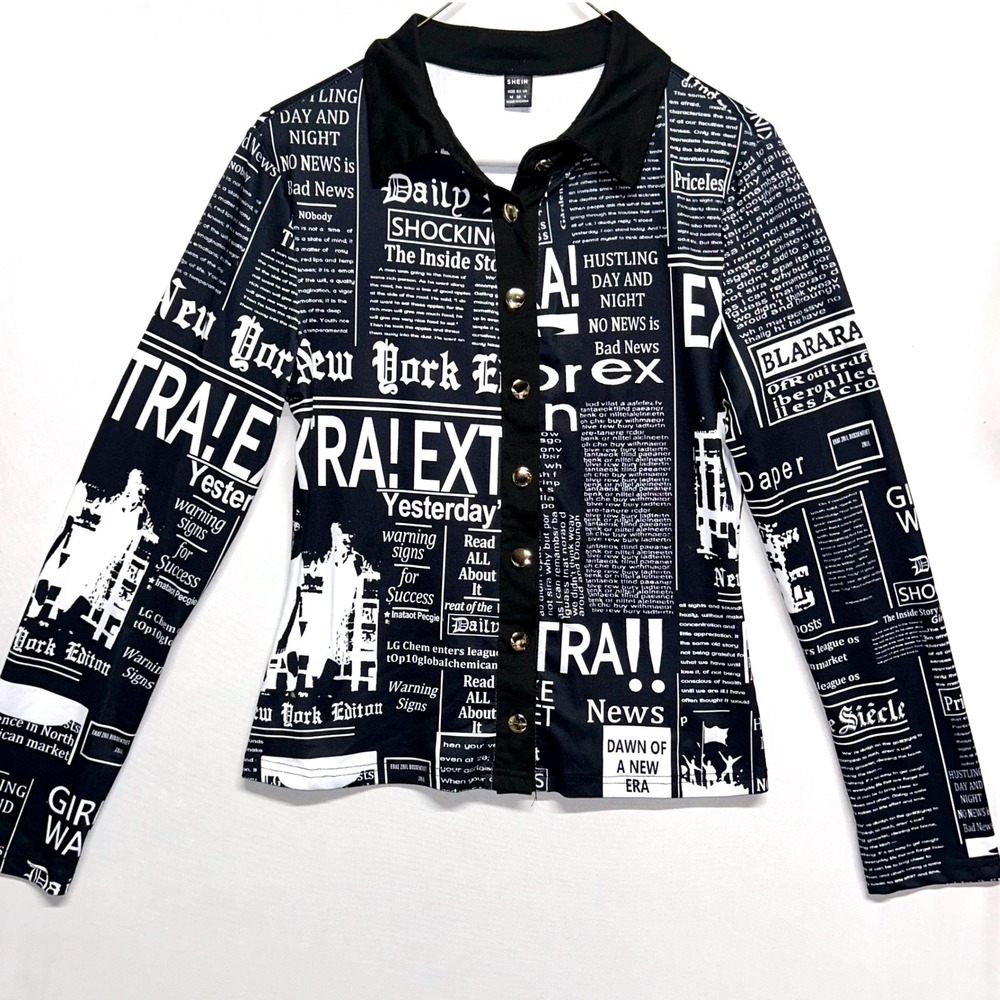 Black White Newspaper Print Zip Crop Jacket Women's Medium